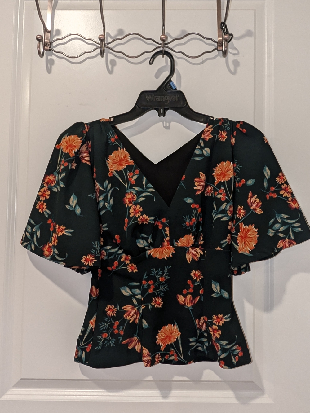 Pinup Couture Laura Byrnes Black Floral V-Neck Flutter Sleeve Top with Orange